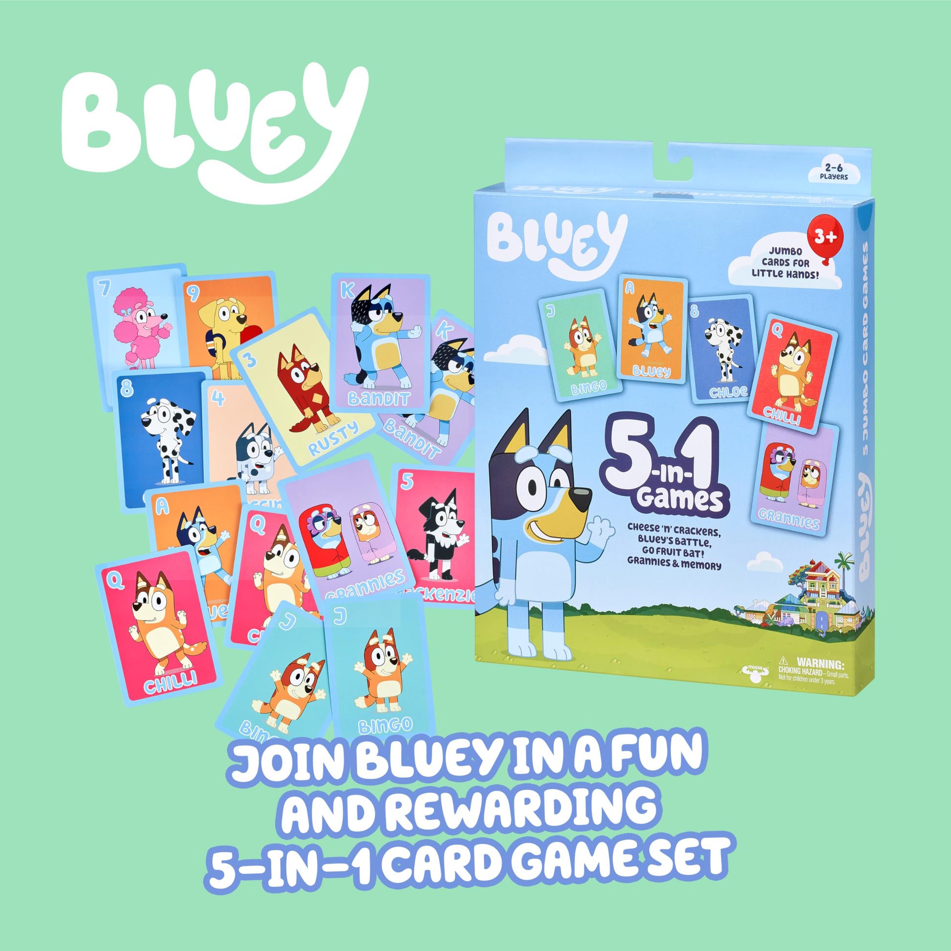 Bluey 5-in-1 Card Game Set, Jumbo-Sized 53-Deck Toddler Game, Multi-Color Interactive Play Card Games for Kids of Ages 3+