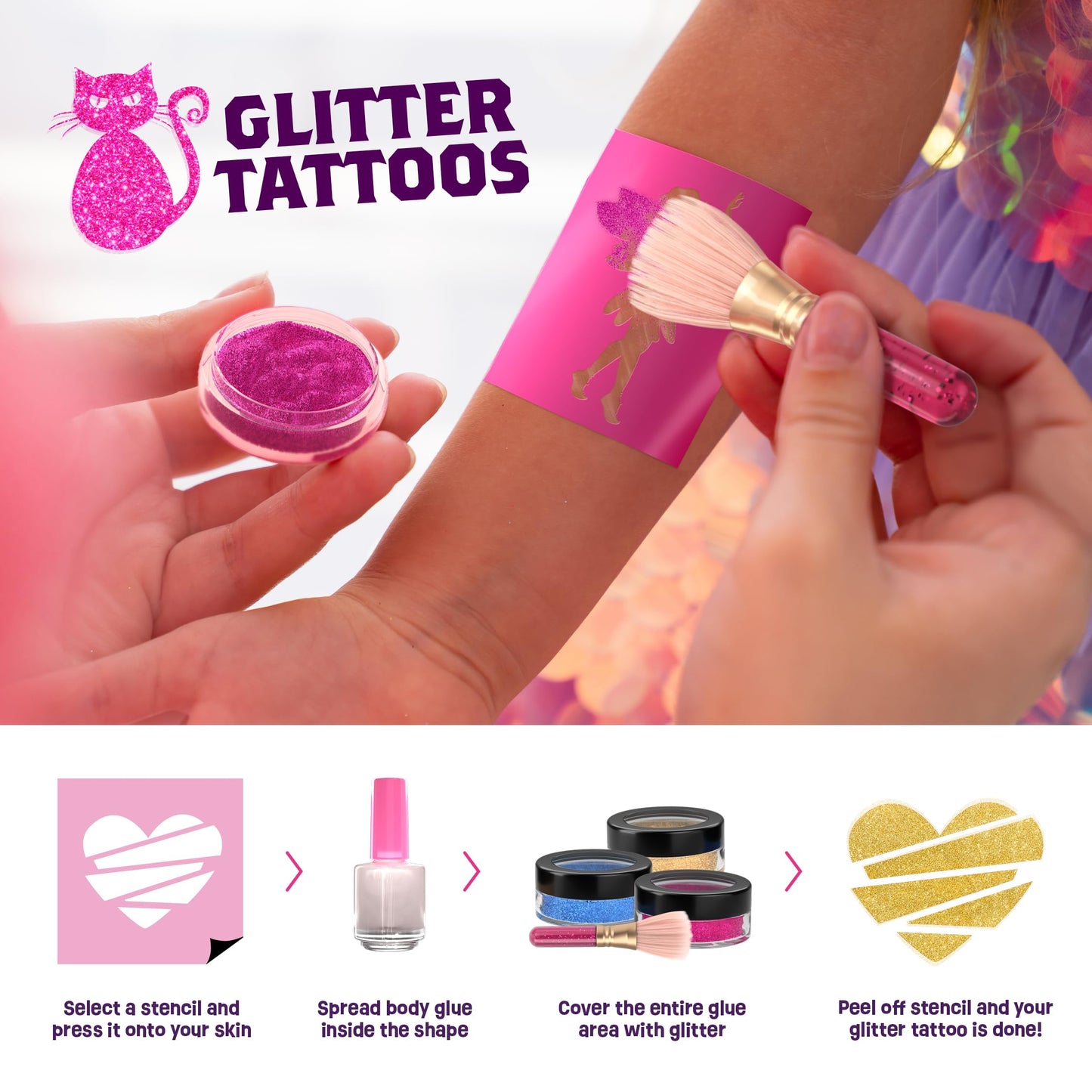 Pretty Me Glitter Tattoo Kit for Kids - Glitter & Metallic Fake Tattoos for Girls - Birthday Gift Ideas for Girl - Temporary Tattoo Set - Craft Kits