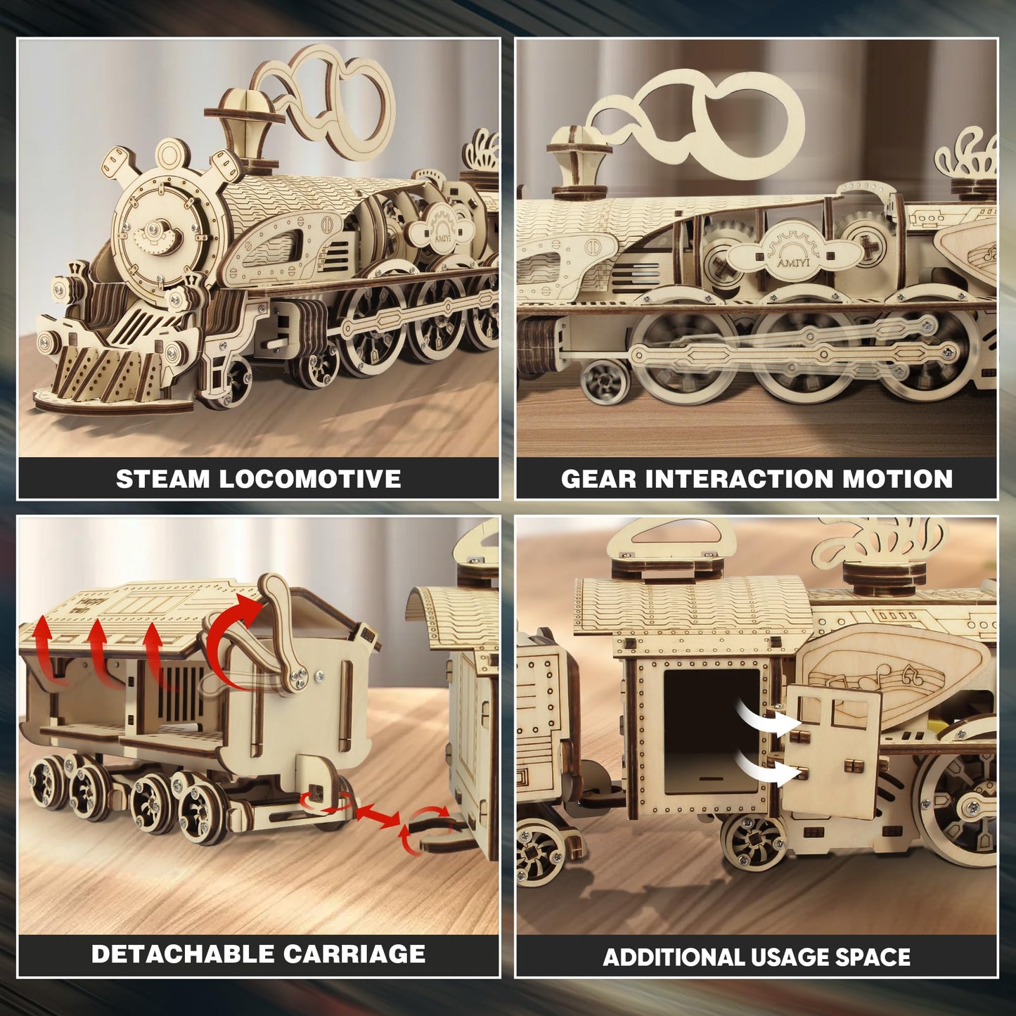 Fuiltee 3D Wooden Puzzles for Adults, DIY Mechanical Train Model Kit, Movable Model Train, Removable Carriages, Unique Gift for 14+ Teens and Adults