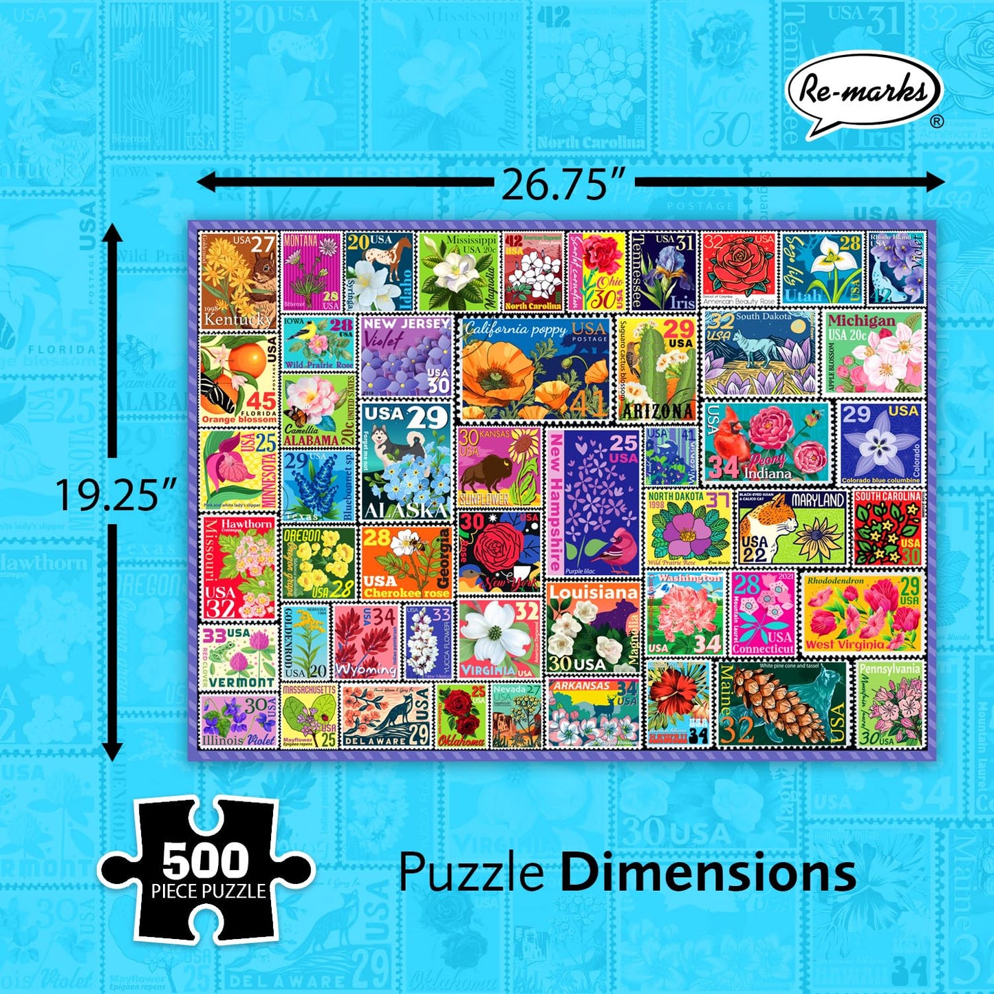 Re-marks State Flowers Stamp Collage Jigsaw Puzzle, 500 Large Piece Jigsaw Puzzle for All Ages