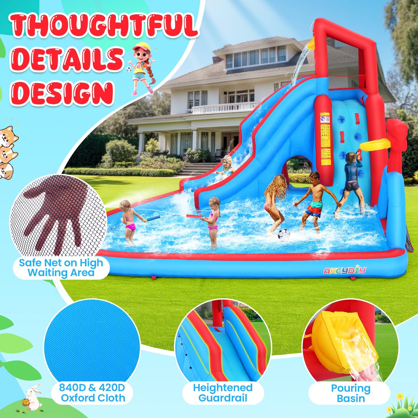 AKEYDIY Bounce House Water Slide for Kids 3-12 - Outdoor/Indoor Inflatable Water Slide with Slides Backyard, Dump Bucket, Climbing Wall, Splash Pool