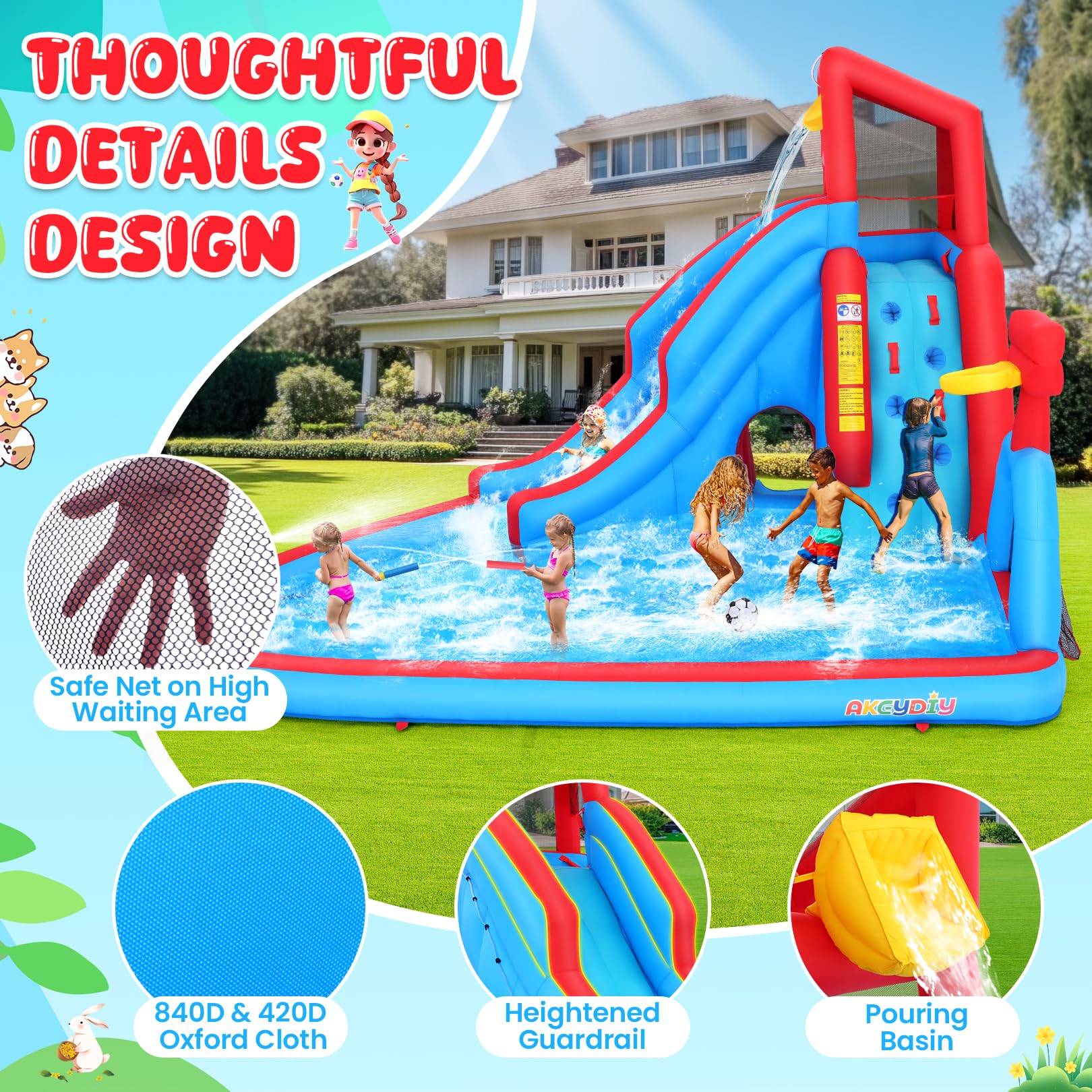 AKEYDIY Bounce House Water Slide for Kids 3-12 - Outdoor/Indoor Inflatable Water Slide with Slides Backyard, Dump Bucket, Climbing Wall, Splash Pool