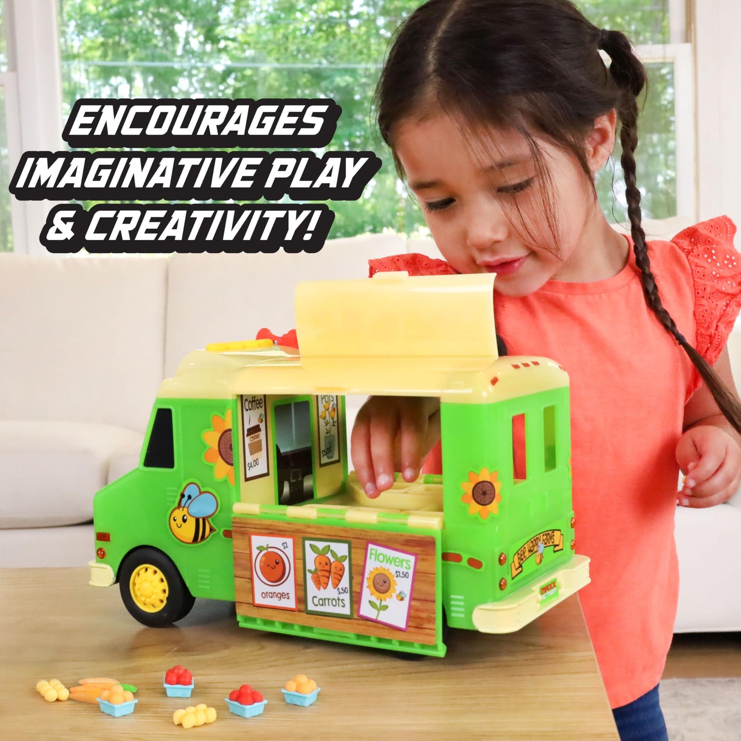 Maxx Action 12" Farmer's Market Food Truck, Lights and Sounds, Includes 14 Play Pieces, Miniature Food, Pretend Play for Girls and Boys, Ages 3+