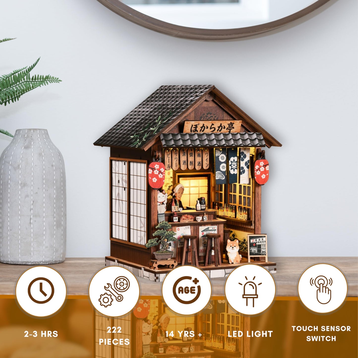 DIY Book Nook Kit for Adults, The Mellow Pub Miniature House Kit, 3D Wooden Puzzle with Touch LED Light, Japanese Style Bookshelf Insert Decor