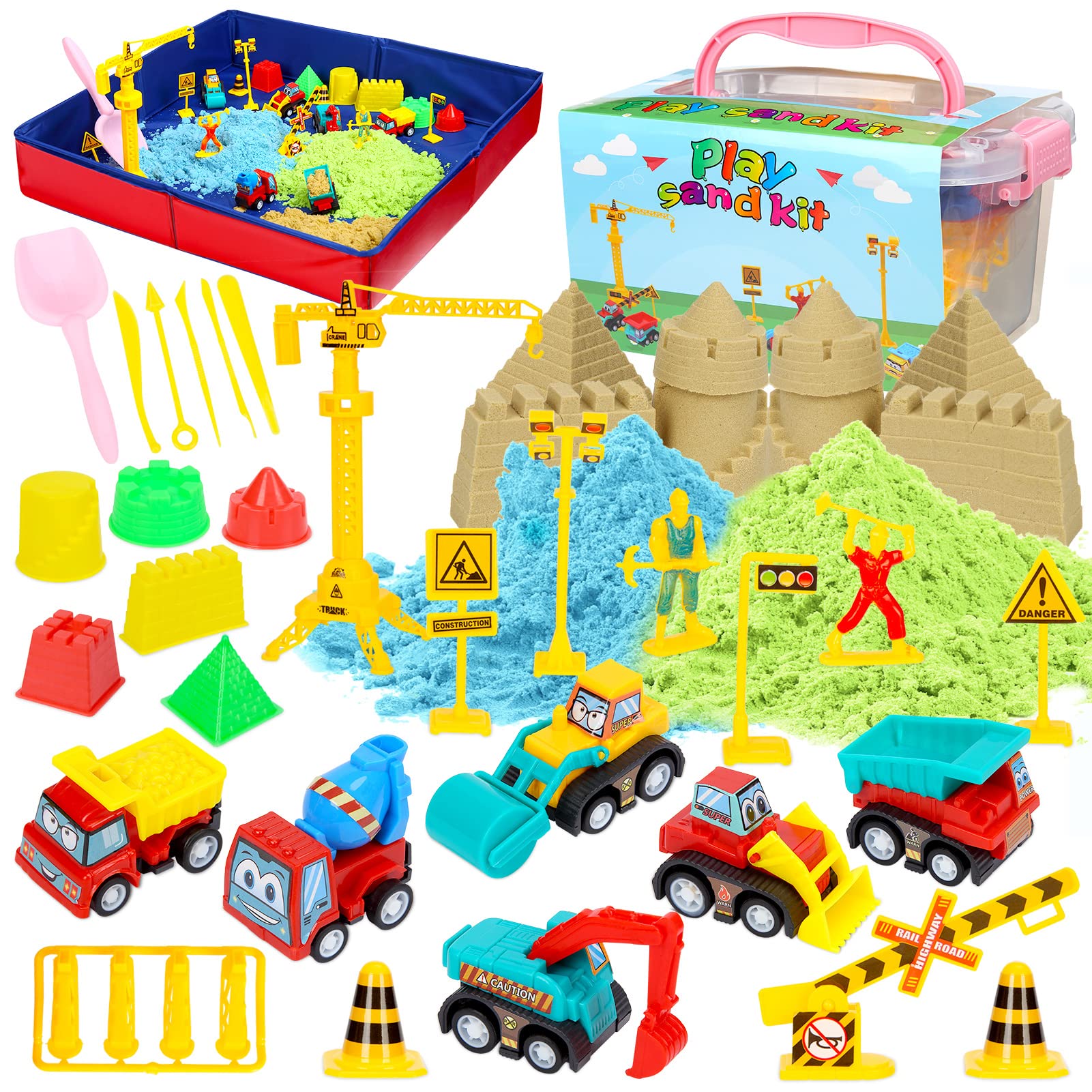 GarveeLife Kids Sand Kit, 43PCS Set w/Tools, 6 Construction Trucks & Castle Molds, Foldable Sand Box Storage Bin Tote, Toys for Boys Girls