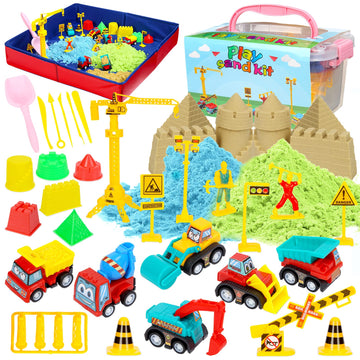 GarveeLife Kids Sand Kit, 43PCS Set w/Tools, 6 Construction Trucks & Castle Molds, Foldable Sand Box Storage Bin Tote, Toys for Boys Girls