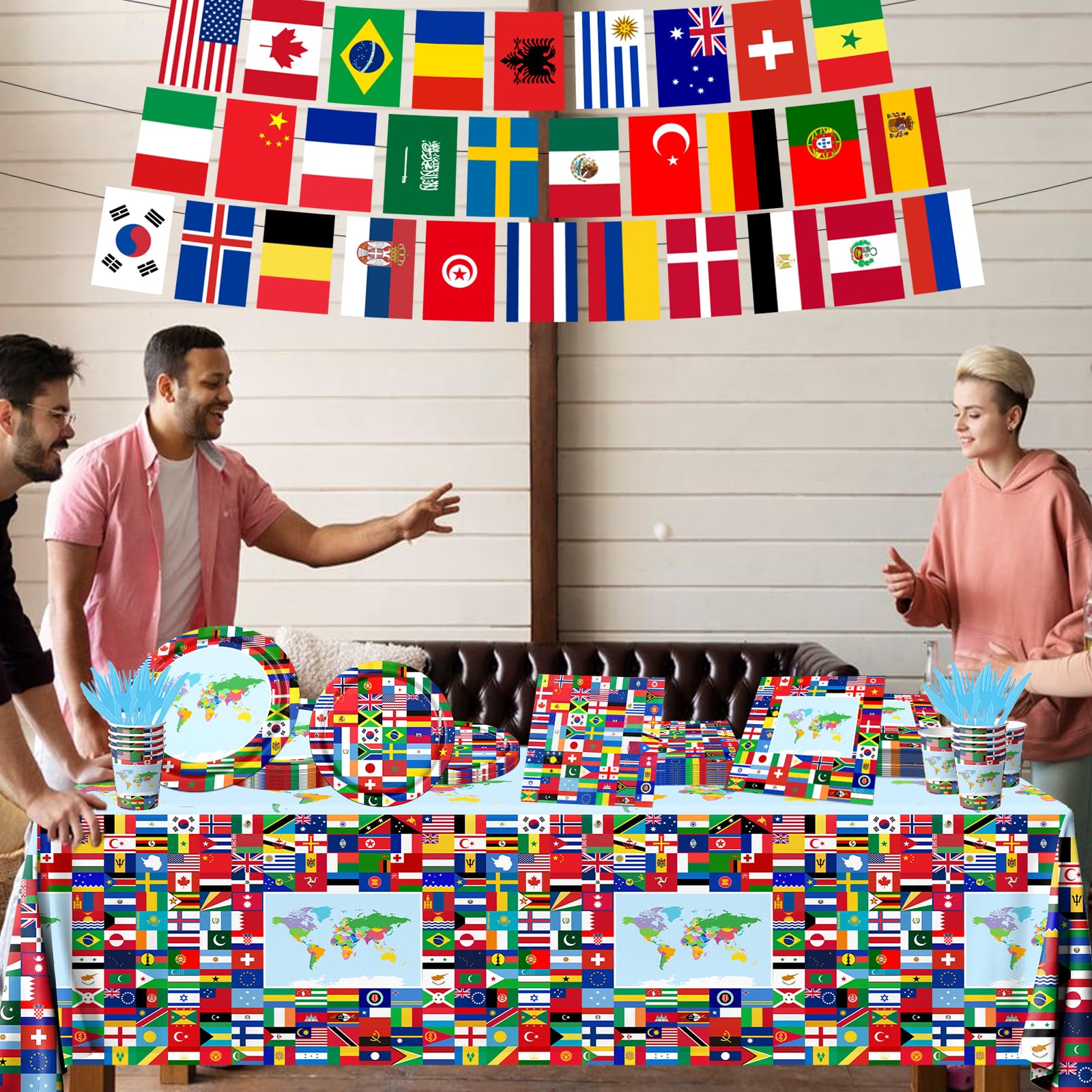 International World Flags Tableware Set, 142Pcs International Flags Decorations Plates and Napkins, Cups,Banner,Flags Tablecloth for Travel Trip