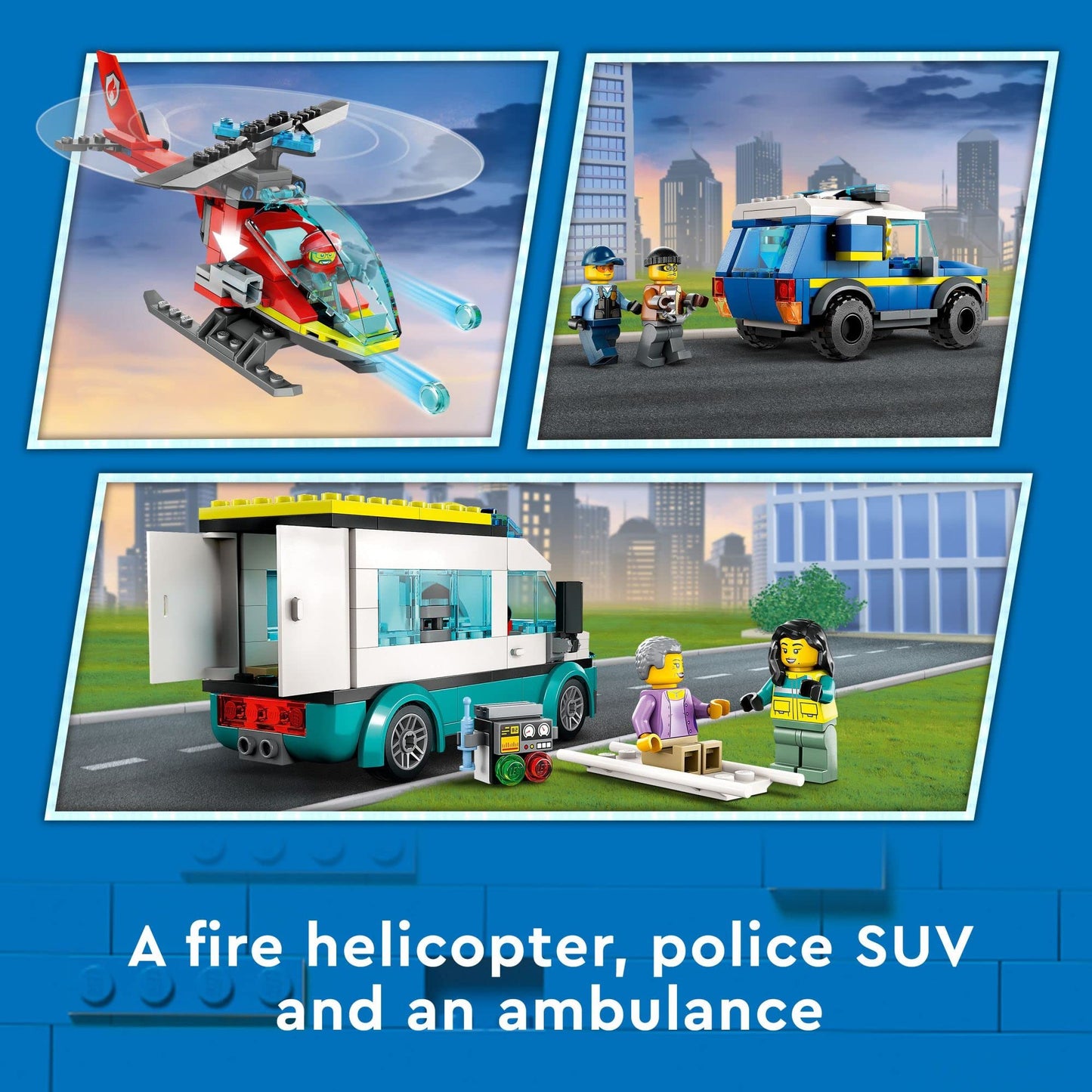 LEGO City Emergency Vehicles HQ 60371, Fire Rescue Helicopter Toy Set, Ambulance, Motorbike and Police Car Toys, Gift for Kids, Boys & Girls Age 6