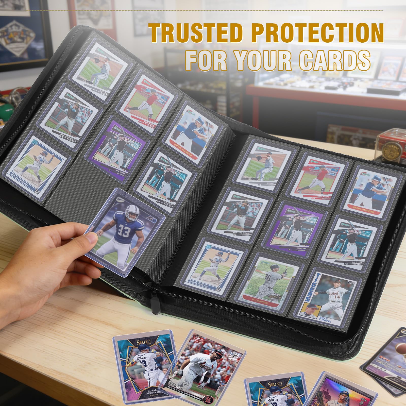 Top Loader Binder Trading Card Binder for Sports & Trading Cards - Holds 288 3x4" Toploaders, 9-Pocket Album for MTG, TCG & Sports Cards (Soft Green)
