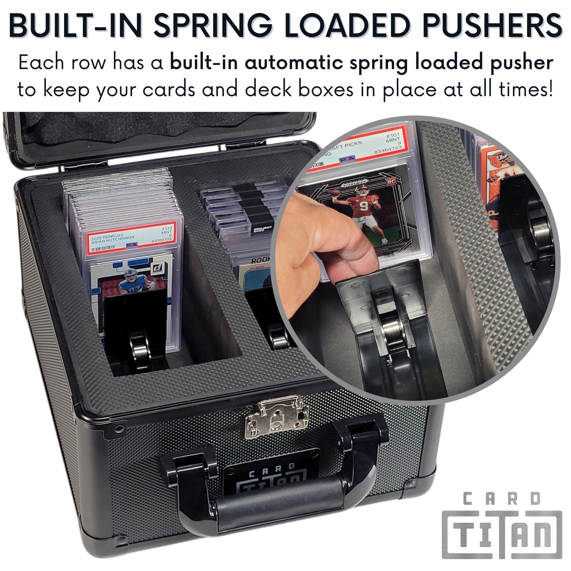 Card Titan Vault Trading Card Storage Box - Lockable Sports Cards Hard Case with Spring-Loaded Pushers for Top Loaders & Graded Cards - 2 Row