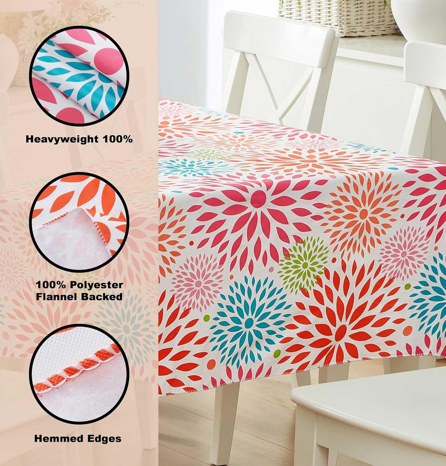 Newbridge 52 x 70 Inch Rectangle Patriotic Vinyl Tablecloth - Flannel Backed Fireworks Table Cover, Turquoise Orange Pink Green, July 4th and Memorial