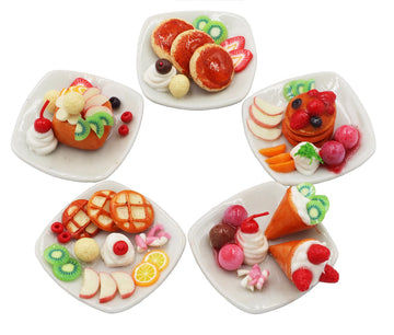 Miniature Dessert Plate Set - 5 Assorted Handmade Clay Treats with Pancakes, Waffles & Ice Cream - 1:6 Scale Dollhouse Food on 1-Inch Ceramic Plates