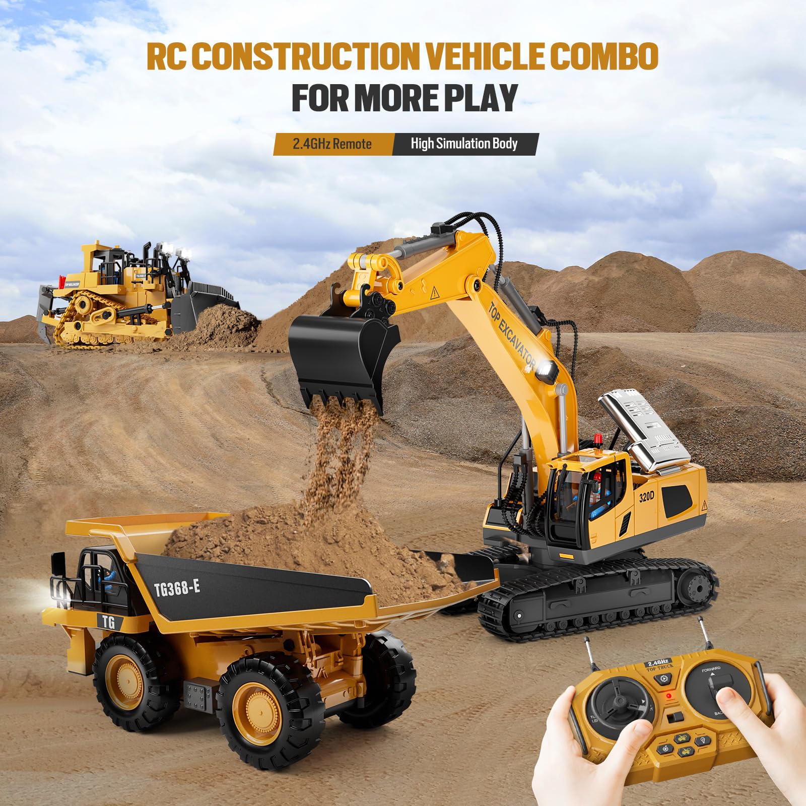 KIDMARKT Remote Control Excavator Toy for Boys | 11-Channel Metal Construction Truck with Lights, 2×1200mAh Batteries, 120-Min Playtime | RC Excavator