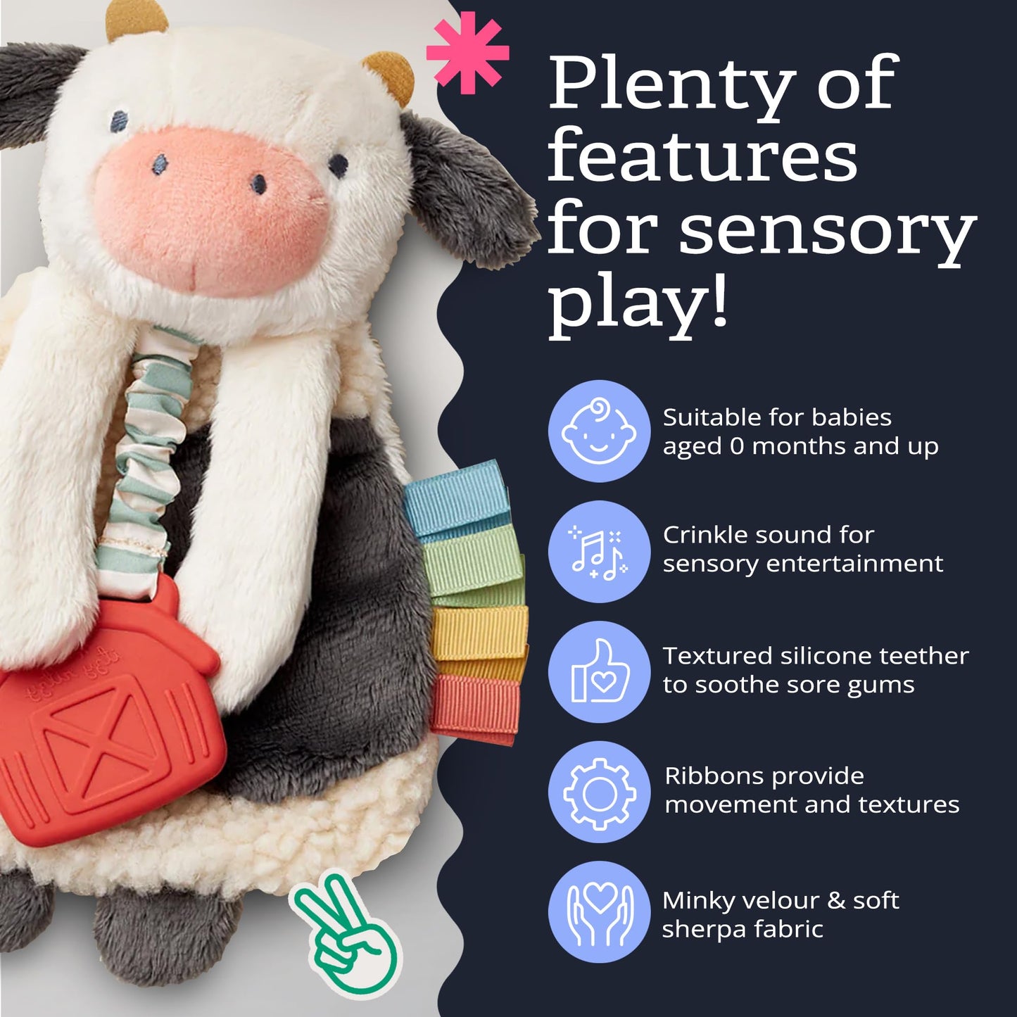 Itzy Ritzy - Itzy Lovey Including Teether - Baby Lovey with Teether, Textured Ribbons & Dangle Arms - Features Crinkle Sound, Sherpa Fabric and Minky