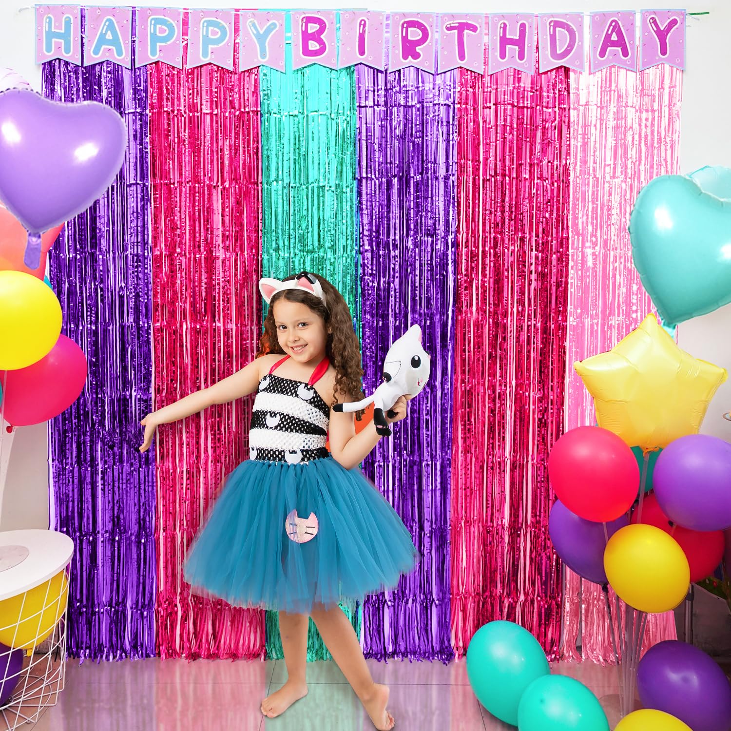 Satankya Cute Dollhouse Birthday Decorations, 2 Pack Dollhouse Party Photo Booth Prop, Purple Pink Teal Fringe Curtains Tinsel Photo Streamers