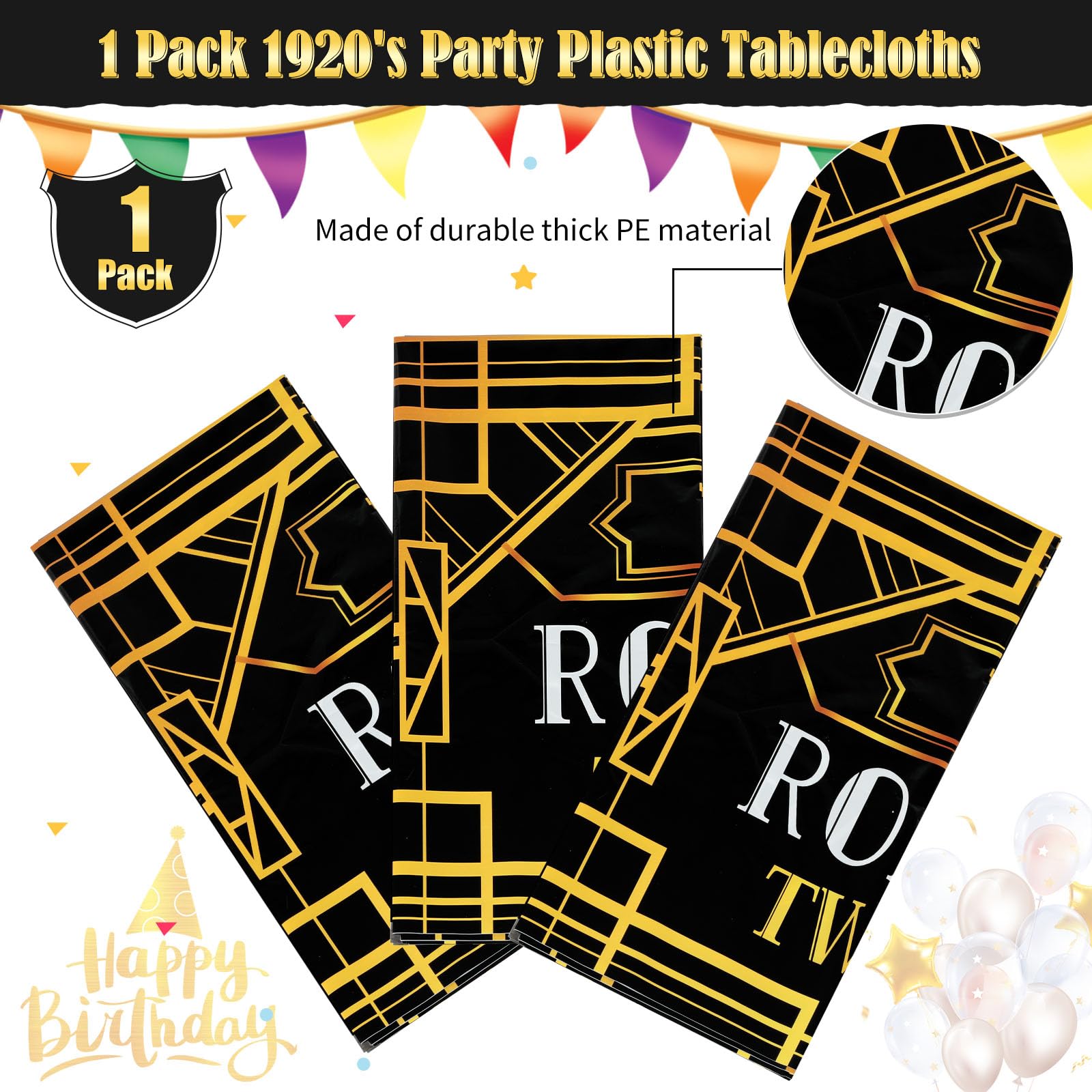 Roaring 1920s Party Plastic Tablecloths - Black & Gold Speakeasy Vintage Flapper Wedding Party Supplies (1 Pack Disposable Table Cover)