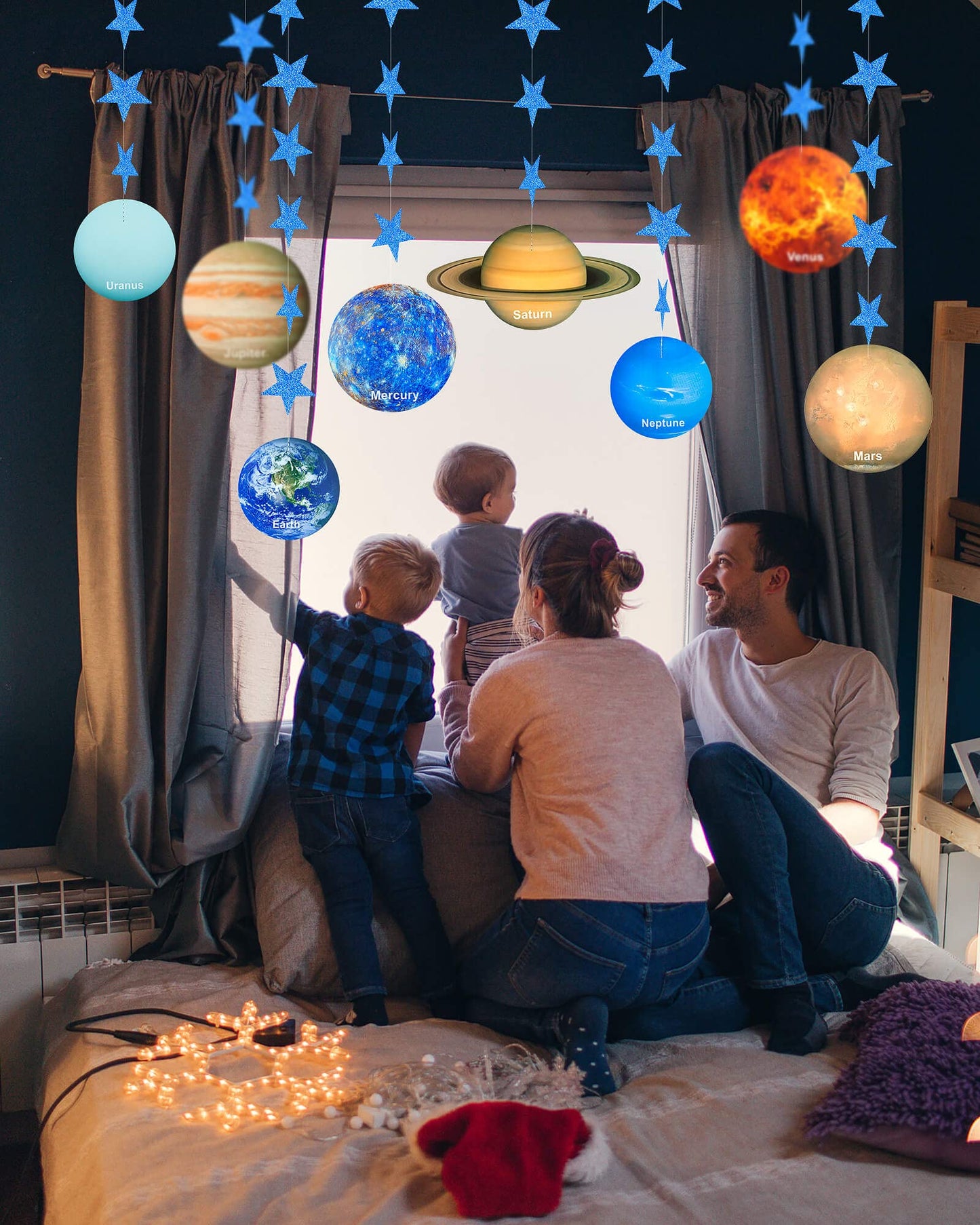 Solar System Decoration Banner, Eight Planet Garland with Blue Shimmer Star