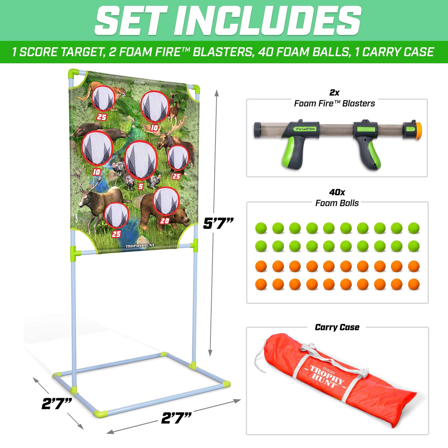 GoSports Foam Fire Games - Alien Invaders, Trophy Hunt, or Door Hang Battle Strike and Capture The Cash Targets - Include 2 Toy Blasters for Kids