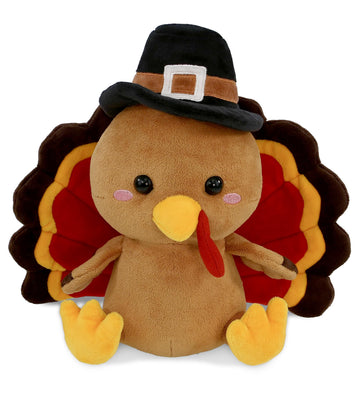 DolliBu Super Soft Pilgrim Turkey Stuffed Animal - Cute Thanksgiving Plush Toy to Give Thanks, Fall Harvest Decor Table Centerpiece - 10 Inches