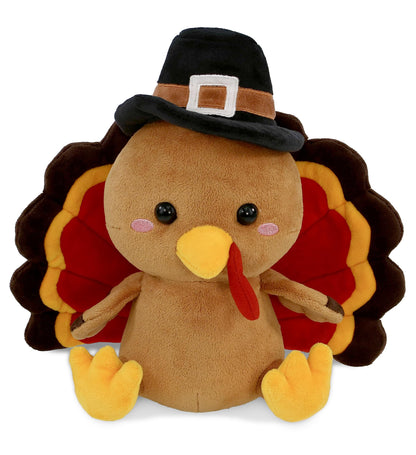 DolliBu Super Soft Pilgrim Turkey Stuffed Animal - Cute Thanksgiving Plush Toy to Give Thanks, Fall Harvest Decor Table Centerpiece - 10 Inches
