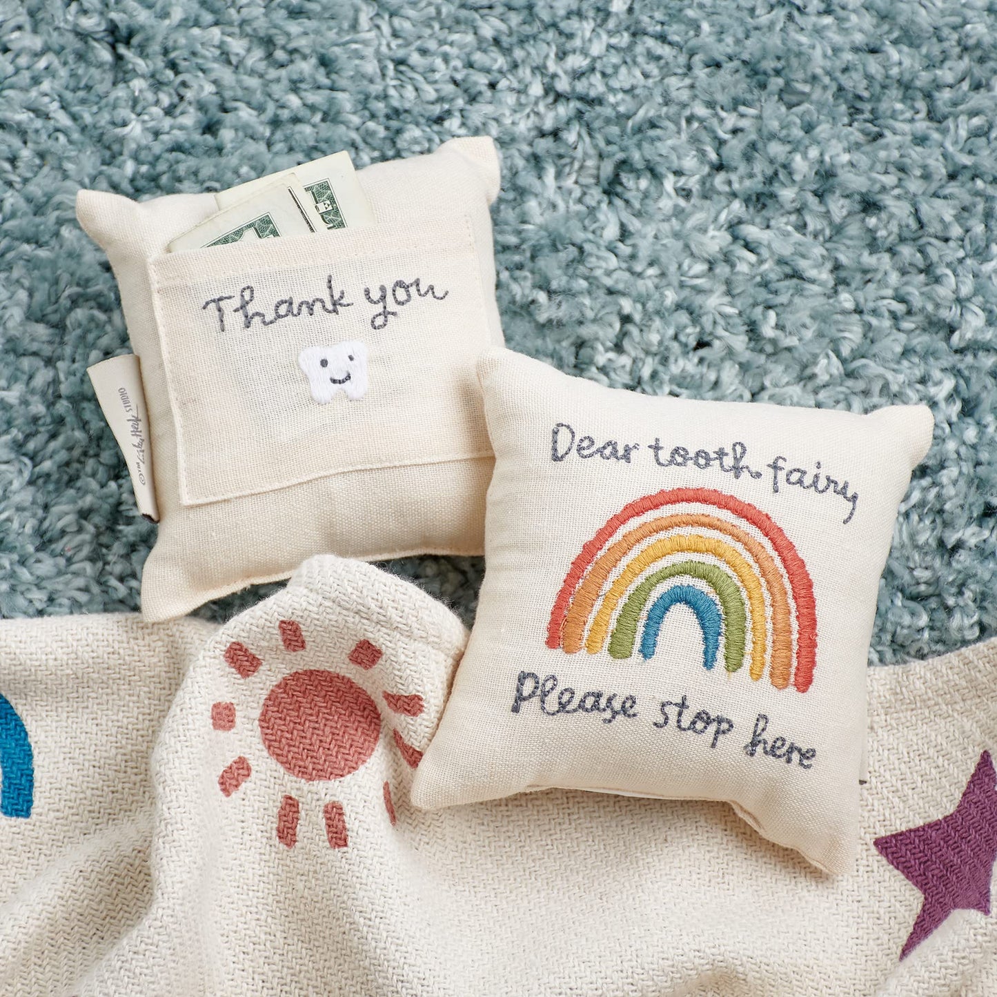 Primitives by Kathy Tooth Fairy Pillow, 5x5-Inch Cotton Linen Keepsake with Back Storage Pocket, Embroidered Bright Rainbow Design