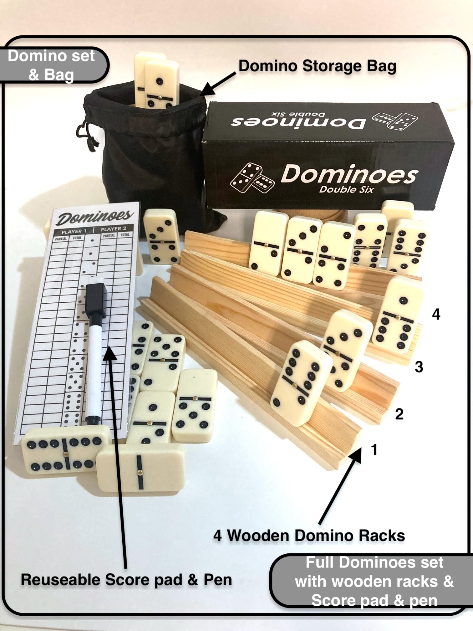 Games Dominoes Double 6, Tournament Size, Two Toned with Spinner (Center) Rivets, in Wooden case