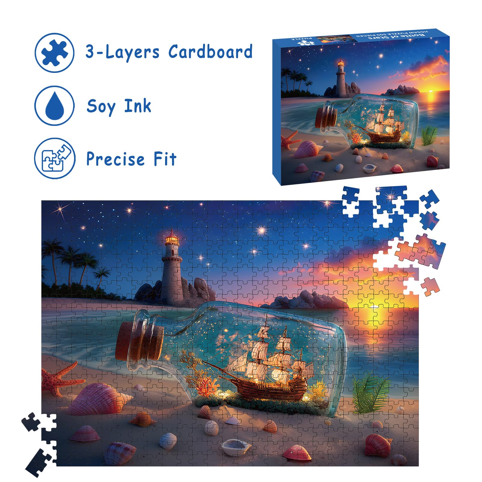 Puzzles for Adults 500 Pieces, Lighthouse Jigsaw Puzzles - Bottle of Stars, Impossible Beach Sailboat Puzzle for Seniors Families, 20.47x14.96 Inches