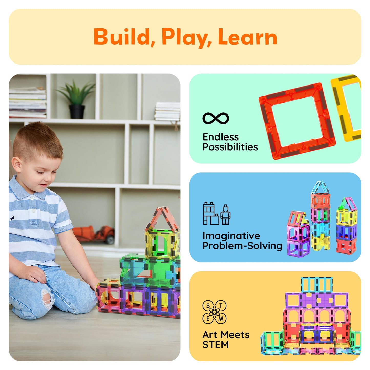 PicassoTiles 42pcs Magnetic Tiles Magnet Blocks See-Through Shape STEM Toys Building Block Educational Playset Compatible with Major Brand Tile