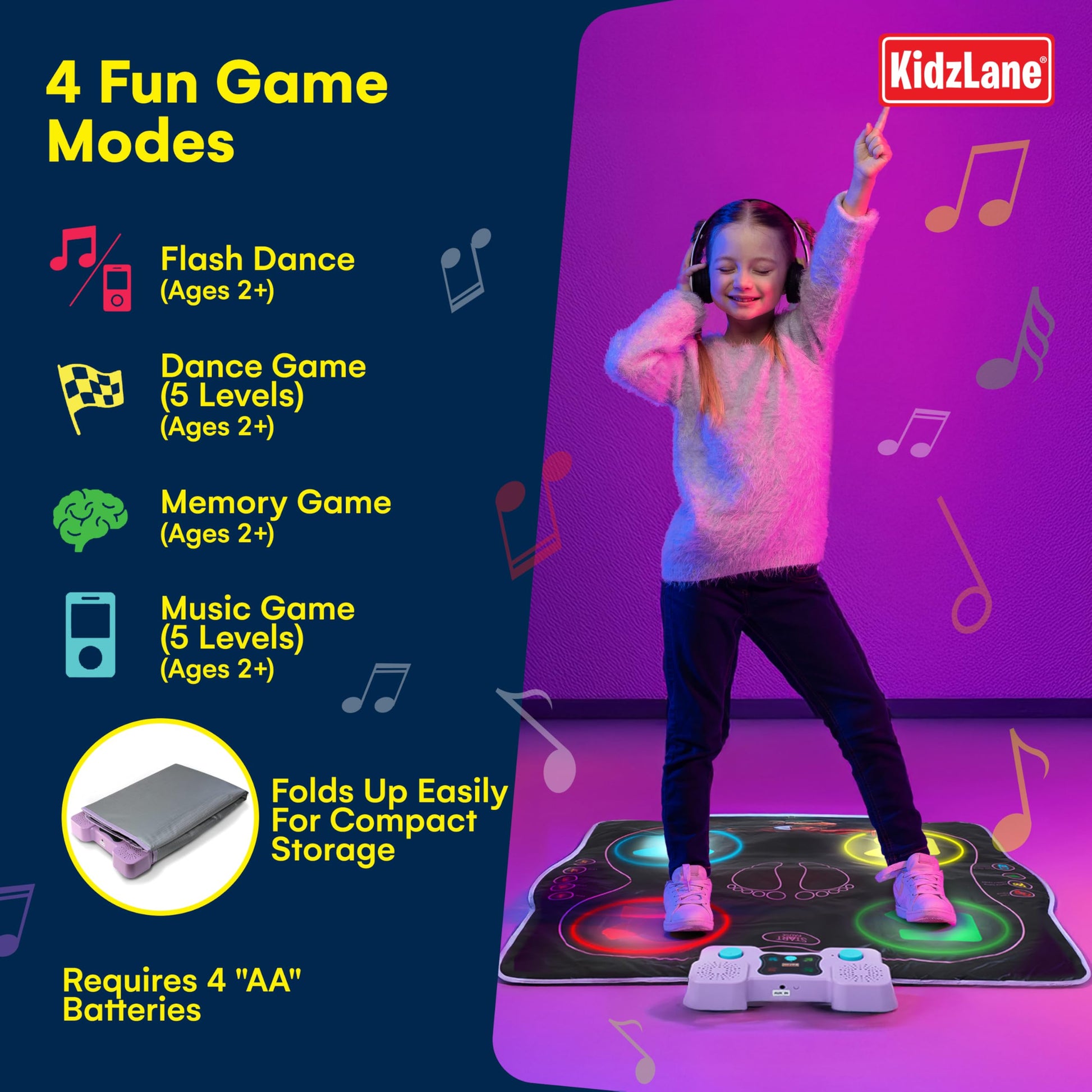 Kidzlane Electronic Dance Mat for Kids 8-12, Wireless Kids' Dance Pad with Bluetooth/AUX, Built-in Music, 5 Challenge Levels, 4 Modes - Interactive