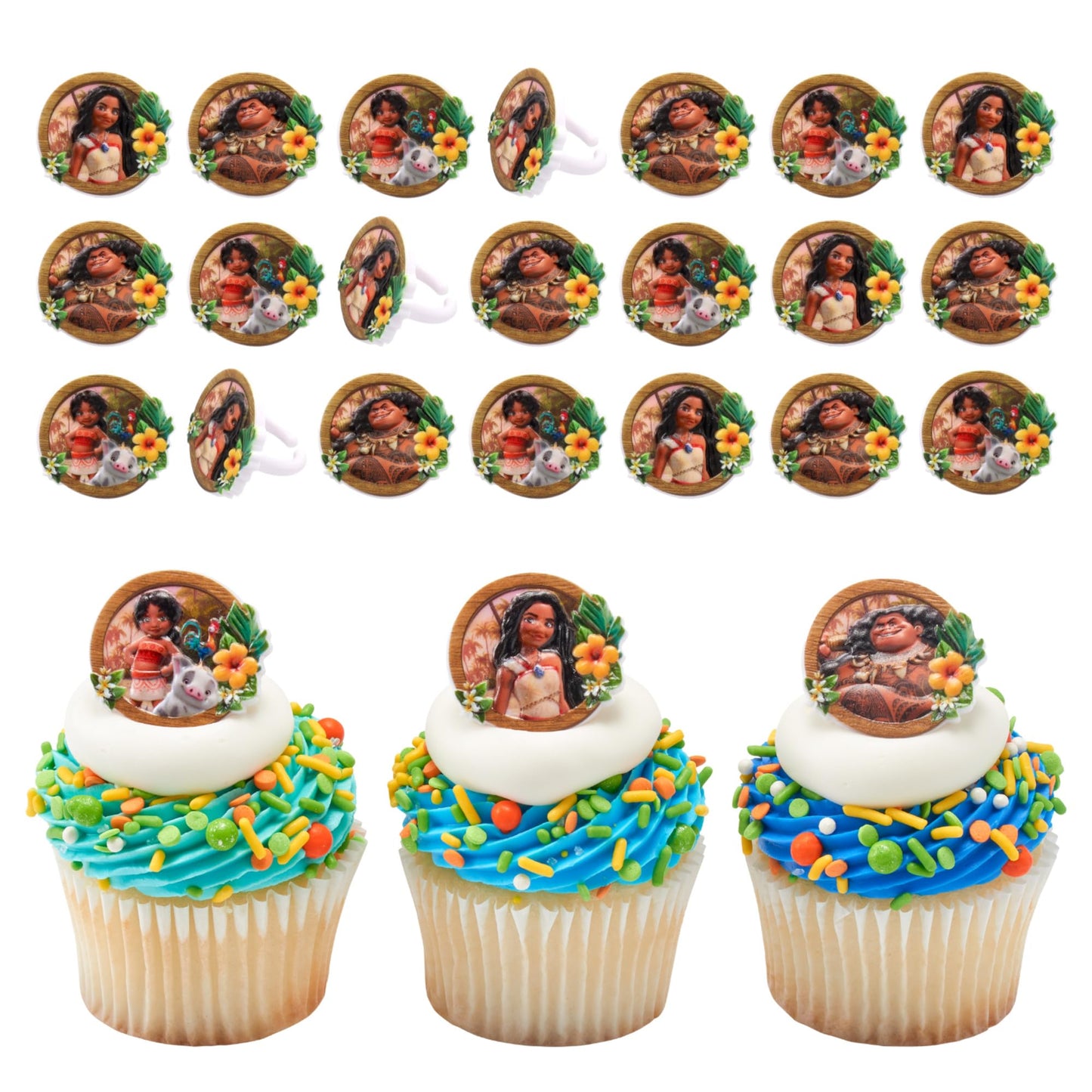 DecoPac Disney Moana 2 Rings, 24 Cupcake Decorations Featuring Disney's Moana, Maui, Simea, & Pua - 24 Pack