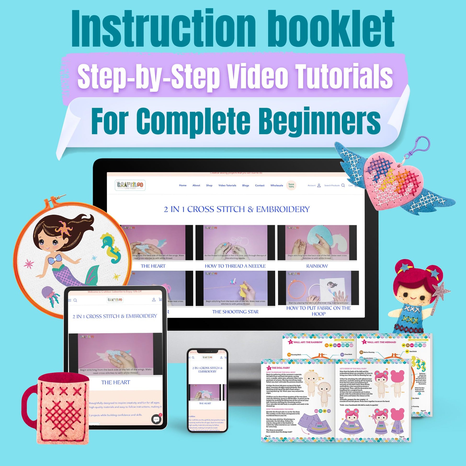 CRAFTILOO 2 in1 Cross Stitch & Embroidery Kit for Kids Ages 6+ Make 8 Projects Backpack Charms, Keyring, Doll, Wall Art, Unicorn Pillow & Card Holder