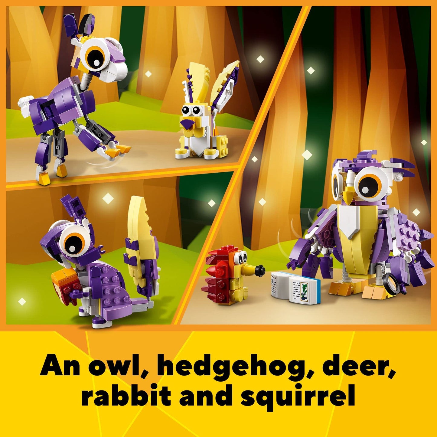 LEGO Creator 3 in 1 Fantasy Forest Creatures, Woodland Animal Toys Set Transforms from Rabbit to Owl to Squirrel Figures, Gift for 7 Plus Year Old