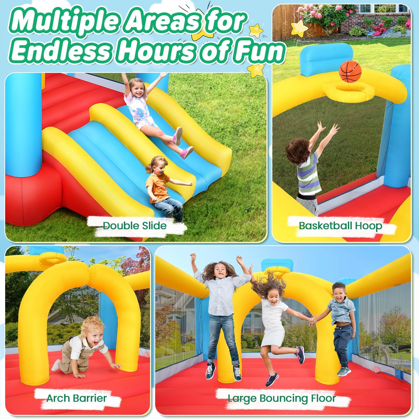 WHUBEFY Bounce House,Inflatable Bounce House for Kids with Blower Included,Indoor/Outdoor Playhouse Kids Bouncy House for Backyard,Jumping Castle