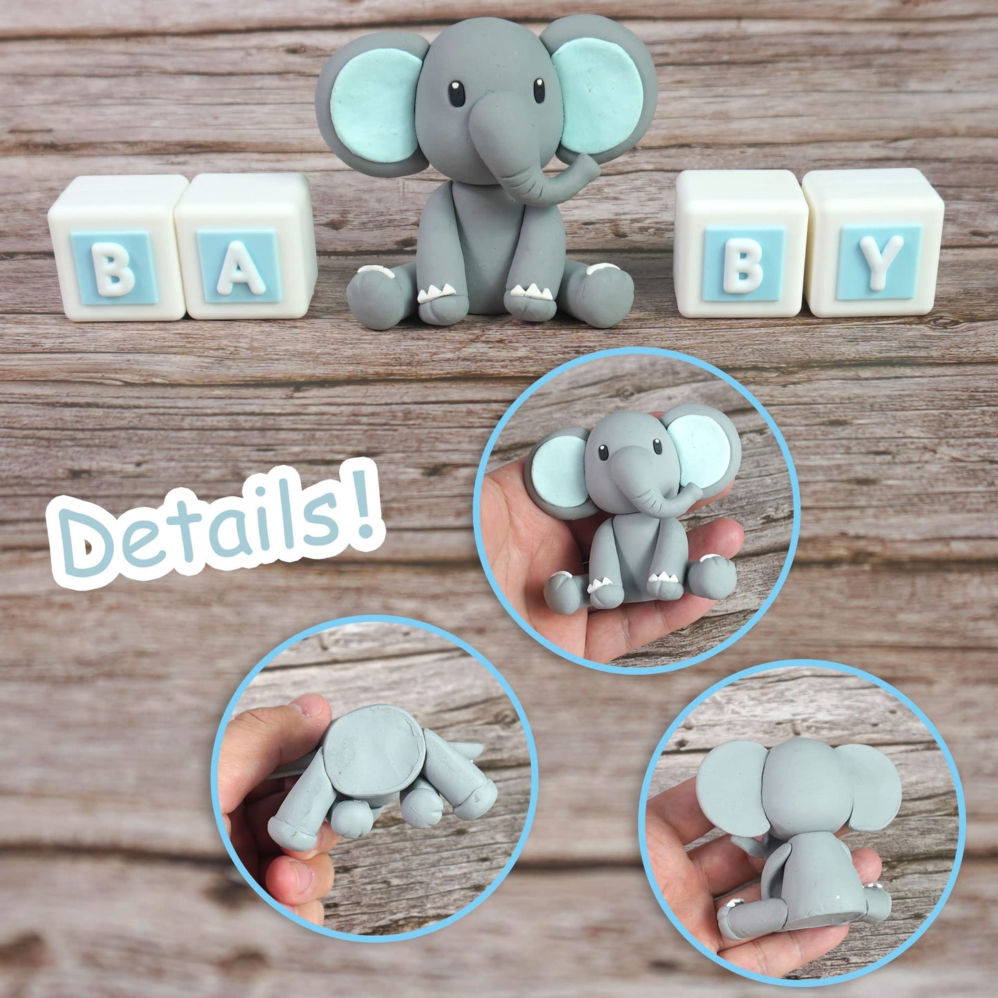 Elephant Cake Decoration Mini Elephant Cake Topper Blue Letter Cake Toppers Gold Blue White Pearl Ball for Elephant Theme Birthday Supplies (BLUE)
