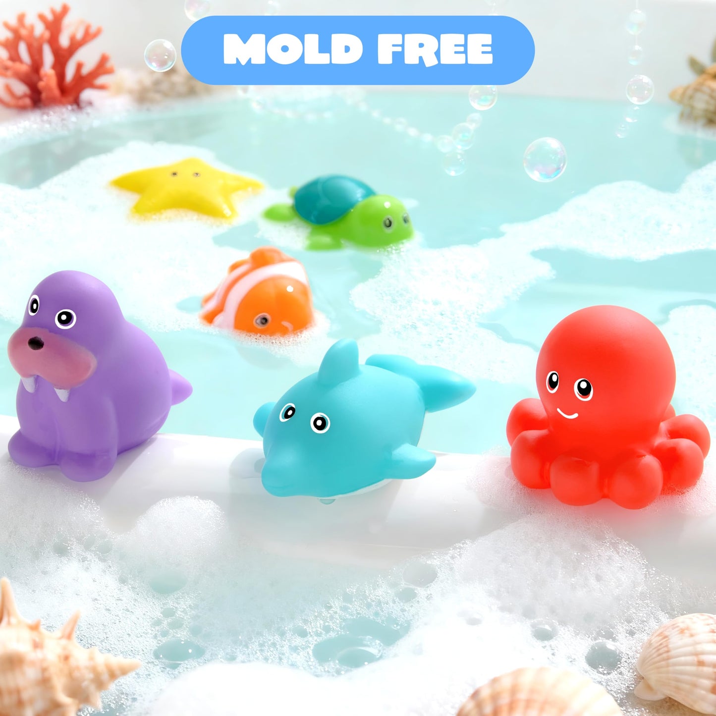 JOYIN 6 Pcs Sea Animal Bath Toys, Sealed & No-Hole & Mold Free Bathtub Toys for Kids, Non-Toxic & Soft Water Vehicles Toys, Squeezable & Float on