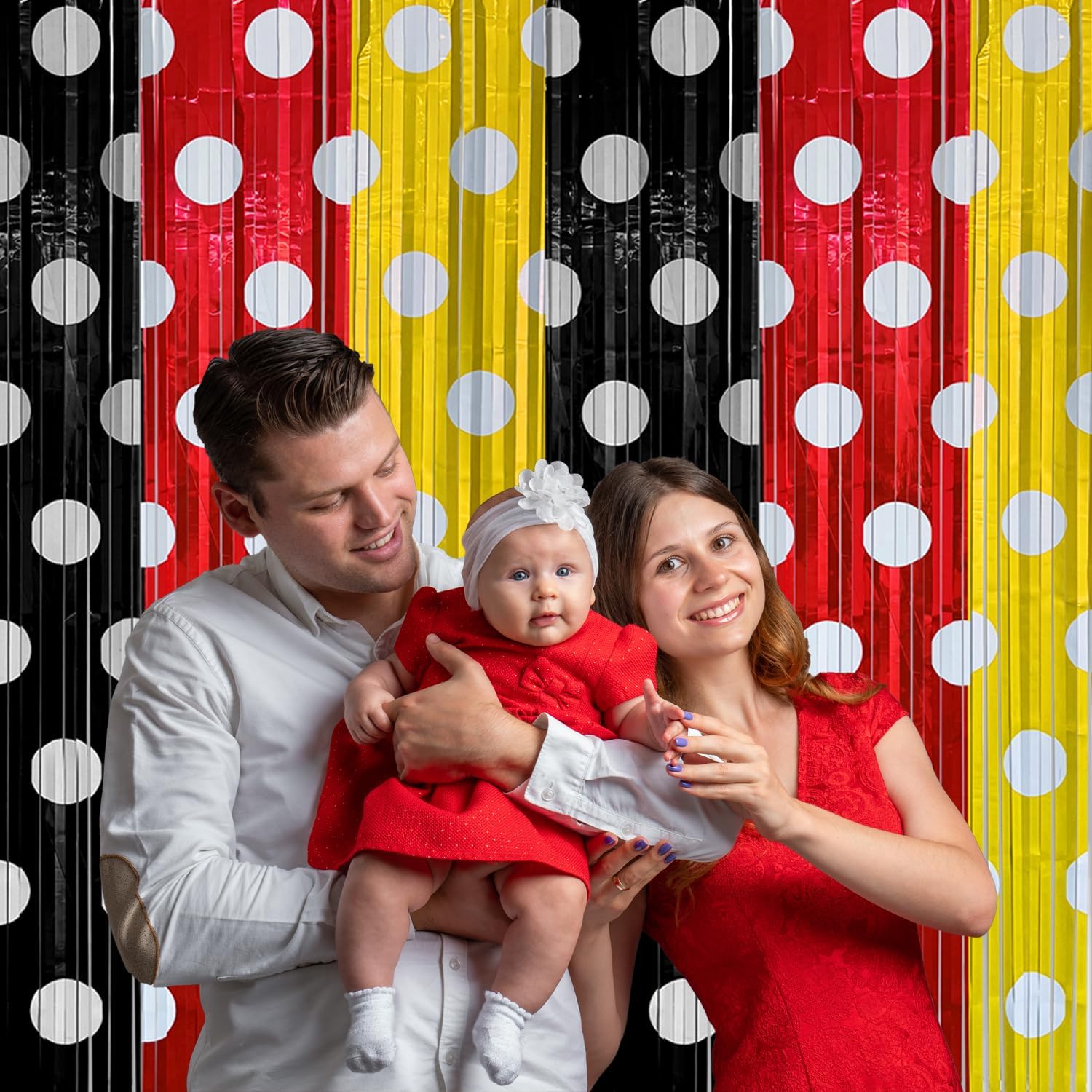 Red Black Yellow Foil Fringe Curtains Birthday Decorations, 2 Pack 3.2x6.6ft Mouse Color Tinsel Streamers Backdrop Baby Shower Cartoon Mouse Birthday