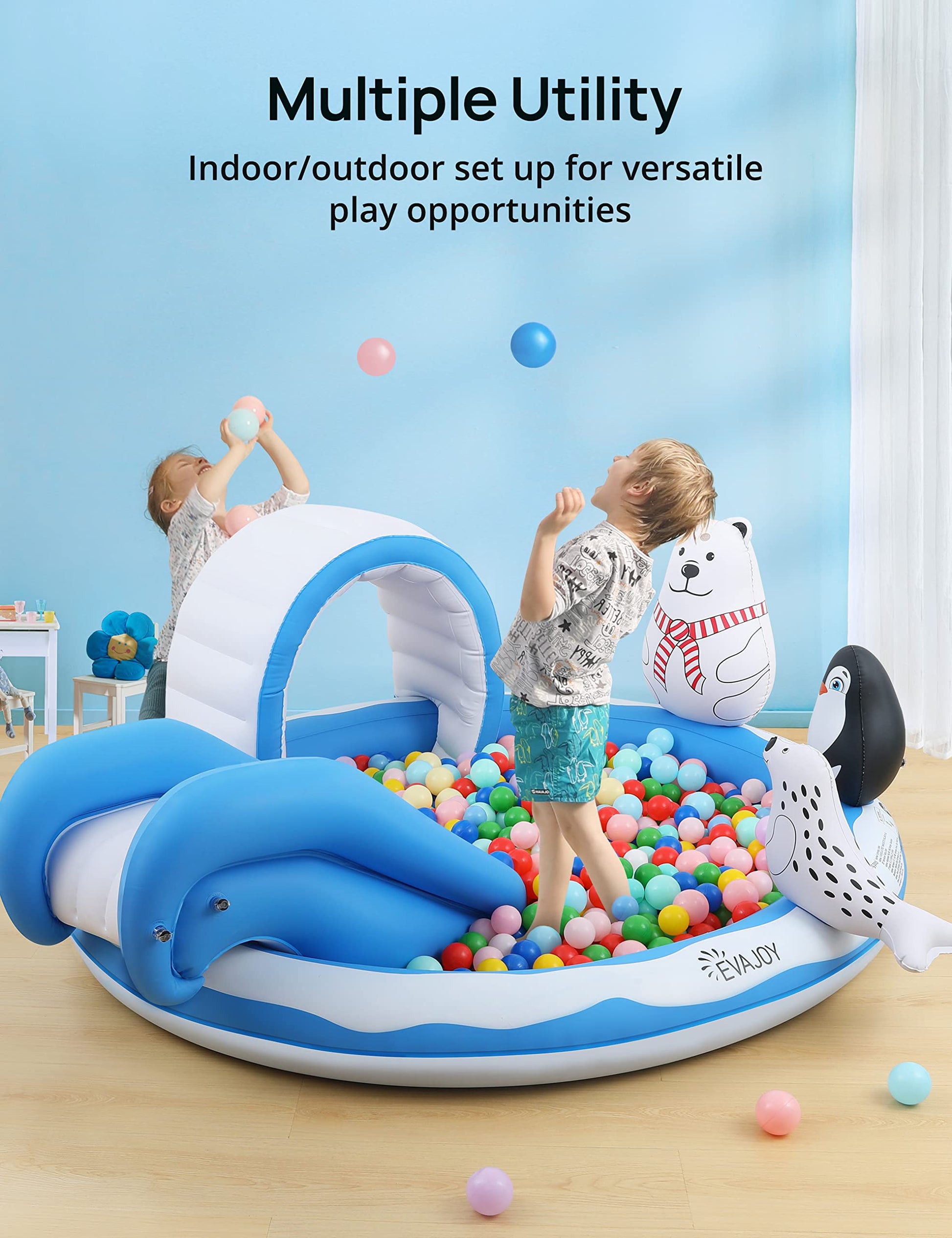 Inflatable Play Center, EVAJOY Kiddie Pool with Slide for Children, Sprinkler, Ice & Snow Theme with Inflatable Dolls, Easy Setup for Garden