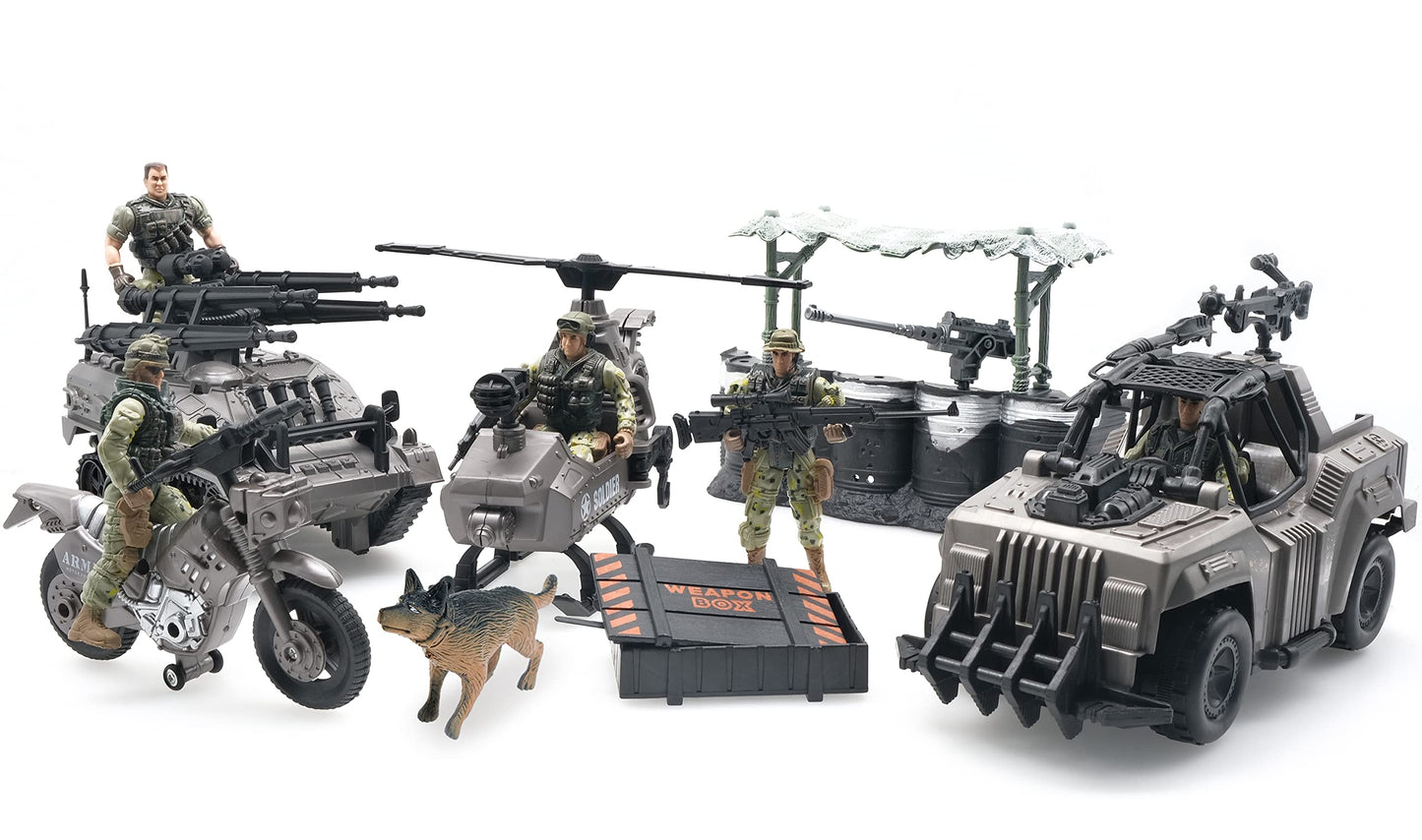 MISTBUY Military Vehicles Toys Playset with Army Men Action Figures, Helicopter, Armored Vehicle, Truck, Motorcycle, Tent and Dog for Pretend Play