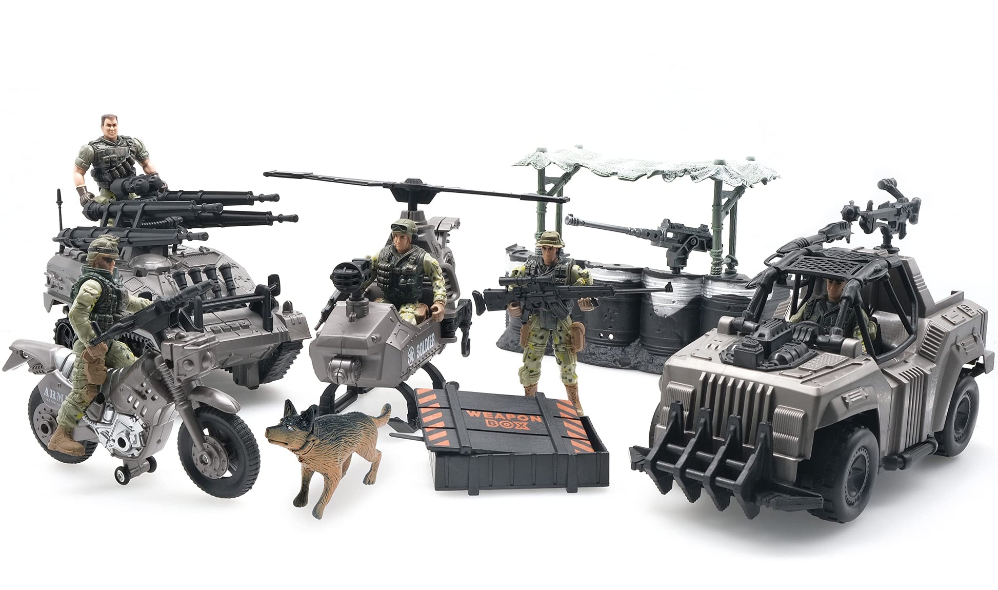 MISTBUY Military Vehicles Toys Playset with Army Men Action Figures, Helicopter, Armored Vehicle, Truck, Motorcycle, Tent and Dog for Pretend Play
