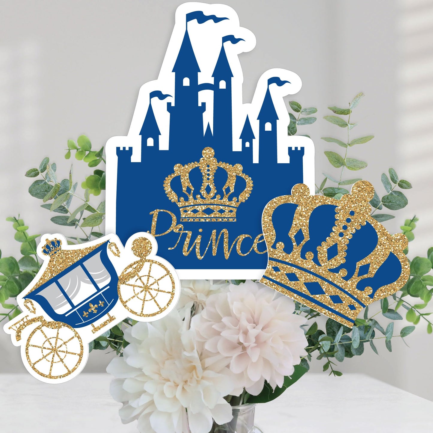 Big Dot of Happiness Royal Prince Charming - Baby Shower, Birthday Party Centerpiece Sticks - Table Toppers - Set of 15