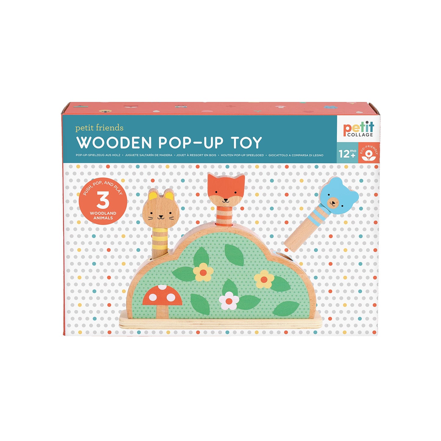 Petit Collage: Petit Friends Wooden Pop-Up Toy - FSC Wooden Toy with 3 Cute Woodland Characters - Perfect for Ages 1+