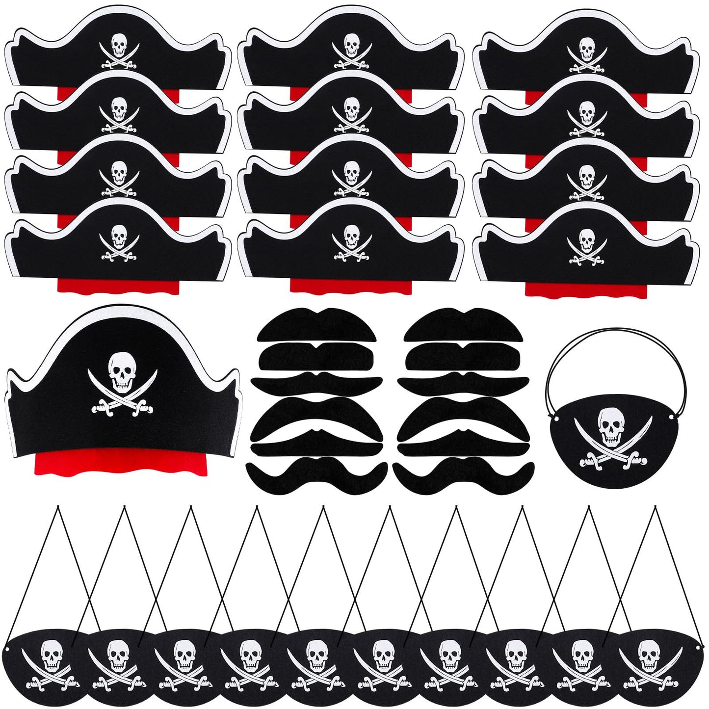 CHRIMISS Pirate Hat Set with Pirate Eye Patch, Mustache, Temporary Tattoos, 48PCs for Kid Birthday, Halloween Costume Accessories, Party Favors
