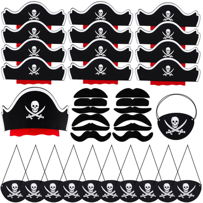 CHRIMISS Pirate Hat Set with Pirate Eye Patch, Mustache, Temporary Tattoos, 48PCs for Kid Birthday, Halloween Costume Accessories, Party Favors