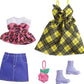 Barbie Fashions 2-Pack Clothing Set, 2 Outfits Doll Include Yellow Plaid Dress, Floral Top, Denim Skirt & 2 Accessories, Gift for Kids 3 to 8 Years