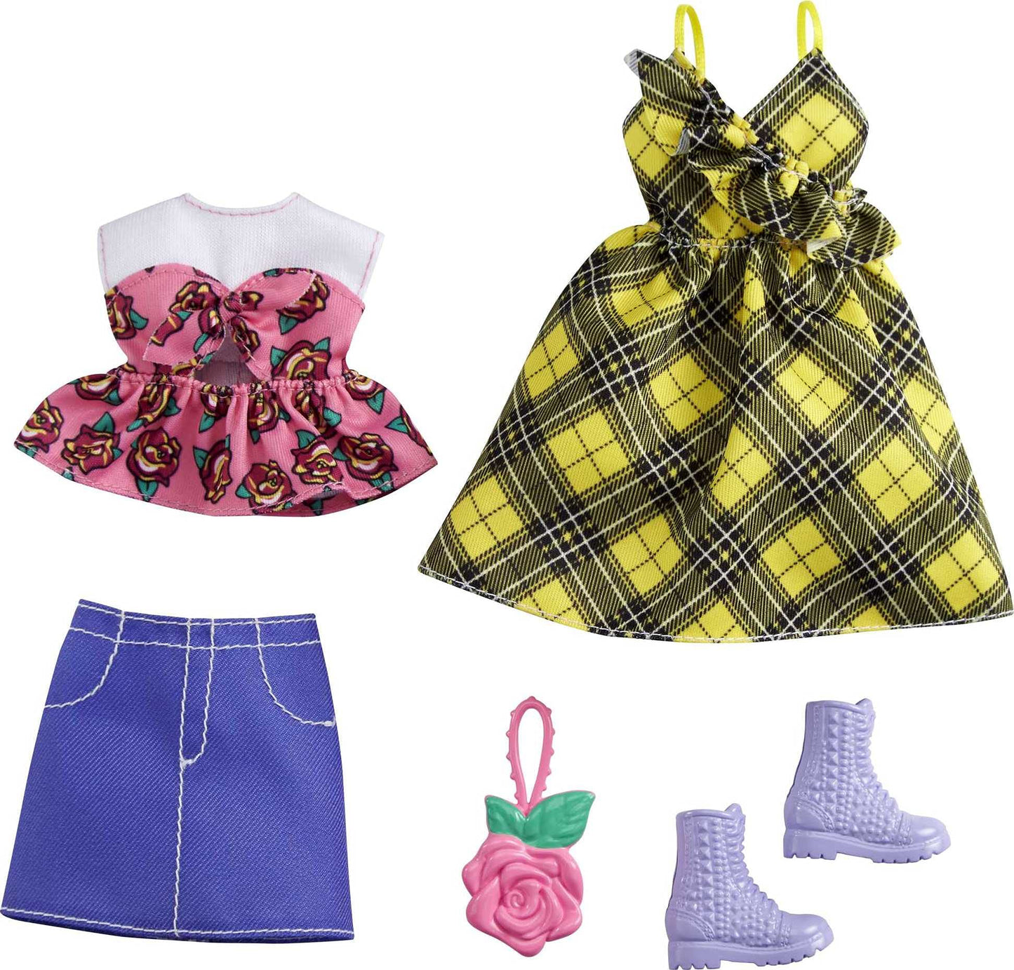 Barbie Fashions 2-Pack Clothing Set, 2 Outfits Doll Include Yellow Plaid Dress, Floral Top, Denim Skirt & 2 Accessories, Gift for Kids 3 to 8 Years