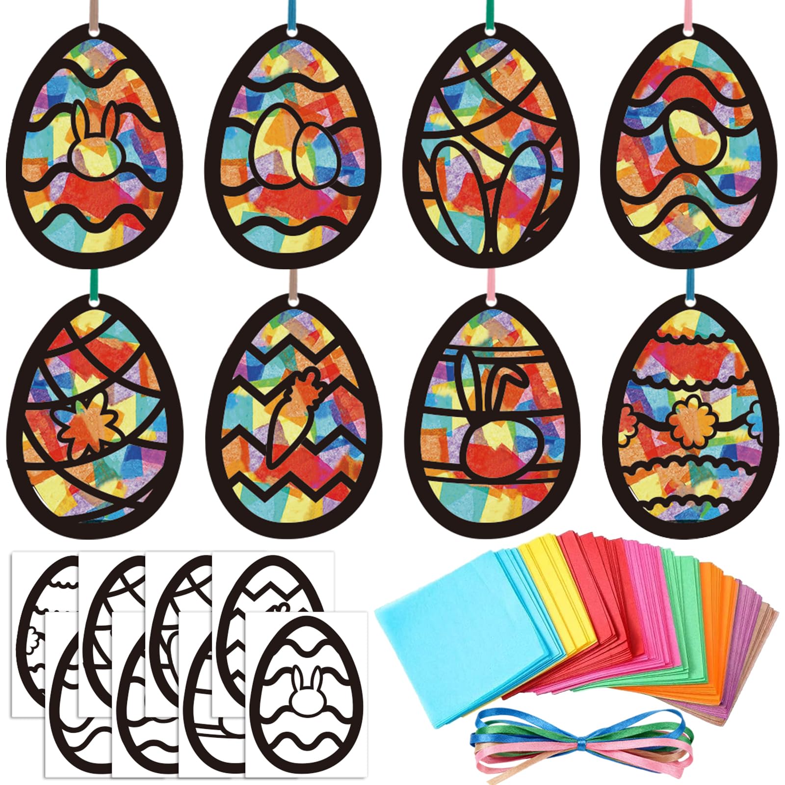 HABDJILTY 32PCS Easter Egg Crafts Kit,Paper Egg Suncatchers,Easter Tissue Paper Suncatcher Bulk Stained Glass Effect,Easter DIY Kits for Holidays