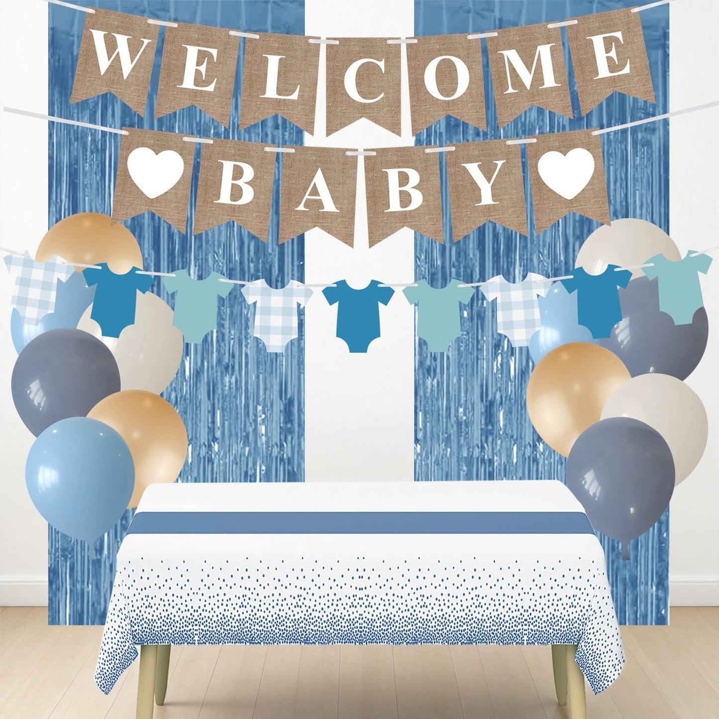 18PCS Dusty Blue Baby Shower Decorations with Banner Clothes Banner Tablecloth Decor Set