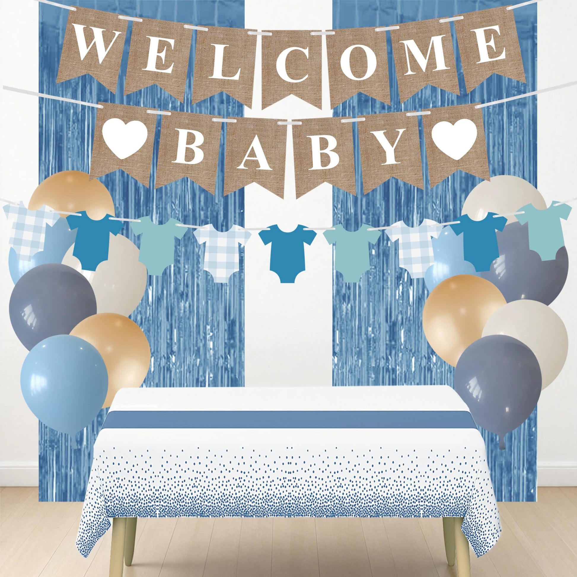 18PCS Dusty Blue Baby Shower Decorations with Banner Clothes Banner Tablecloth Decor Set