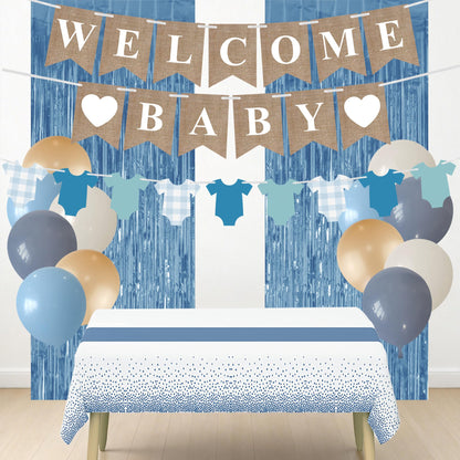 18PCS Dusty Blue Baby Shower Decorations with Banner Clothes Banner Tablecloth Decor Set