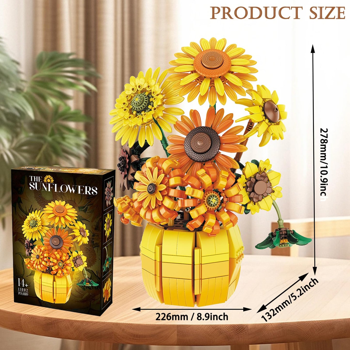 EMANNON Flowers Building Set for Adults - Sunflowers Building Blocks with Vase 1009PCS, Artificial Flowers Botanical Collection Gifts for Christmas